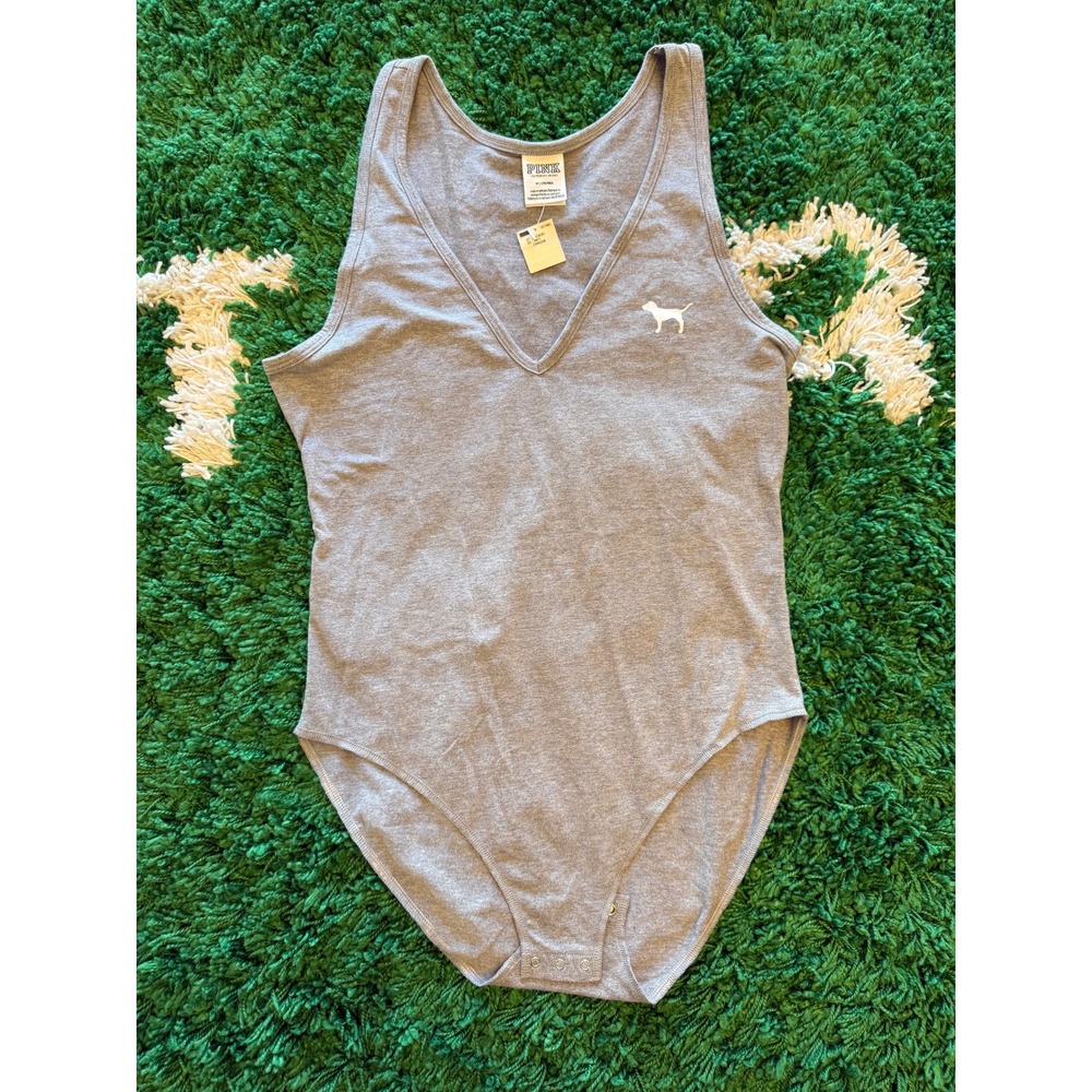Victoria's Secret PINK Bodysuit Womens S Gray NWT Ribbed V-Neck Logo Sleeveless